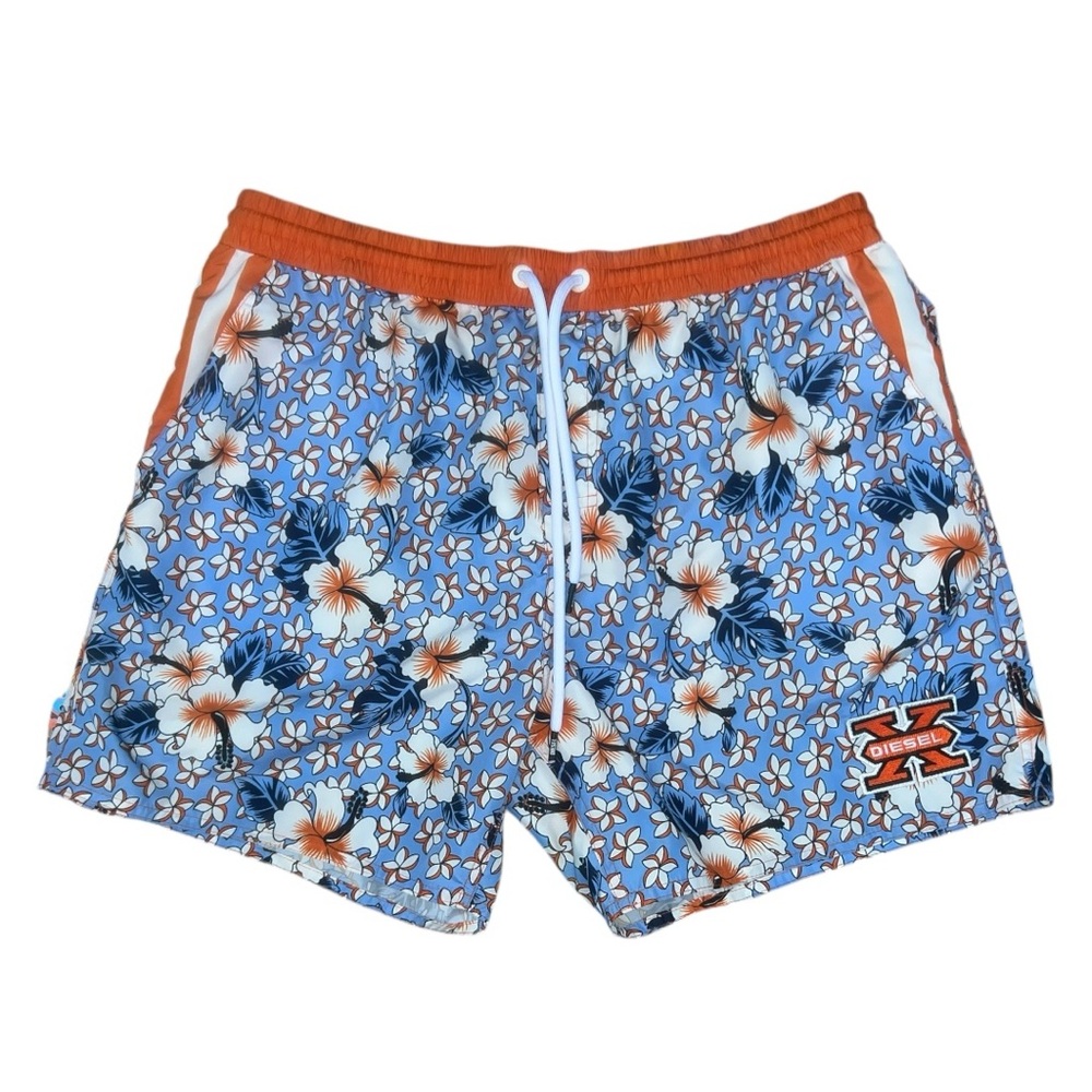 Diesel Men’s XL Floral Hibiscus Swim Trunks‎ Blue Orange XX Patch Y2K